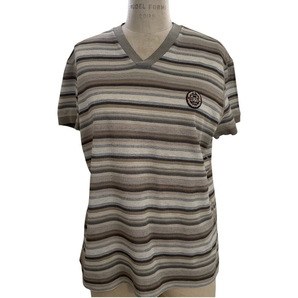 Vintage D&G Dolce & Gabbana Top Womens XXL Y2K Striped Beige Knit Crest Patch